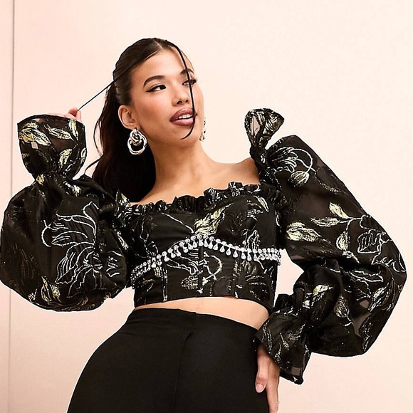 ASOS LUXE Curve jacquard sweetheart embellished top with long sleeves⭐️ - Picture 9 of 9